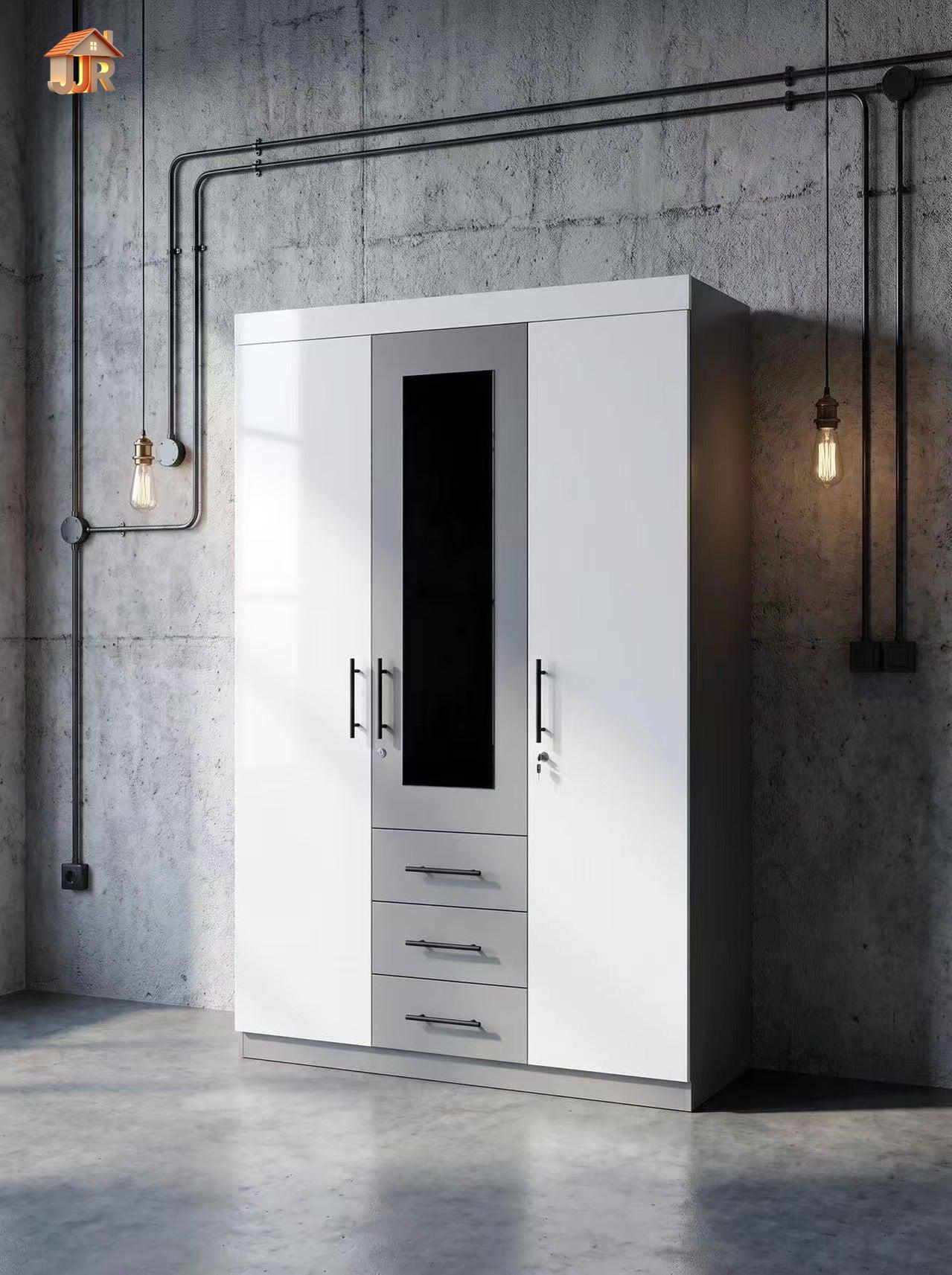 White wardrobe with black glass panel in an industrial-style room with concrete walls and exposed pipes.