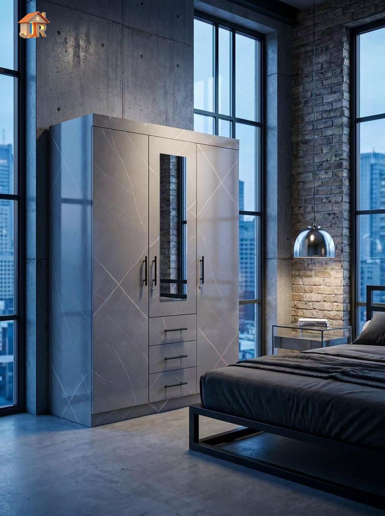 Modern bedroom with a large metallic wardrobe and a bed.